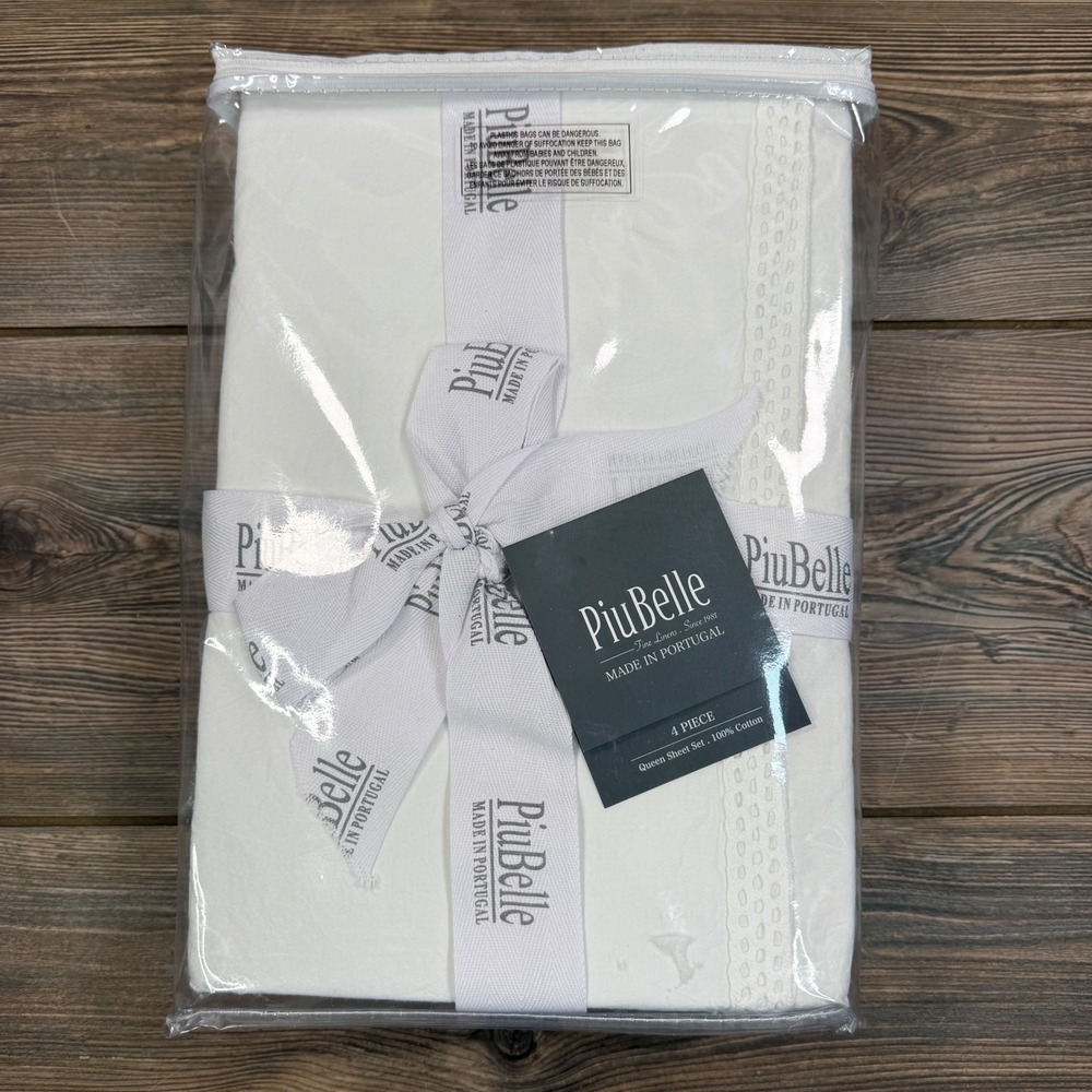 PiuBelle Queen Sheet Set 4pc White 100% Cotton Eyelet Lace Trim Made in Portugal